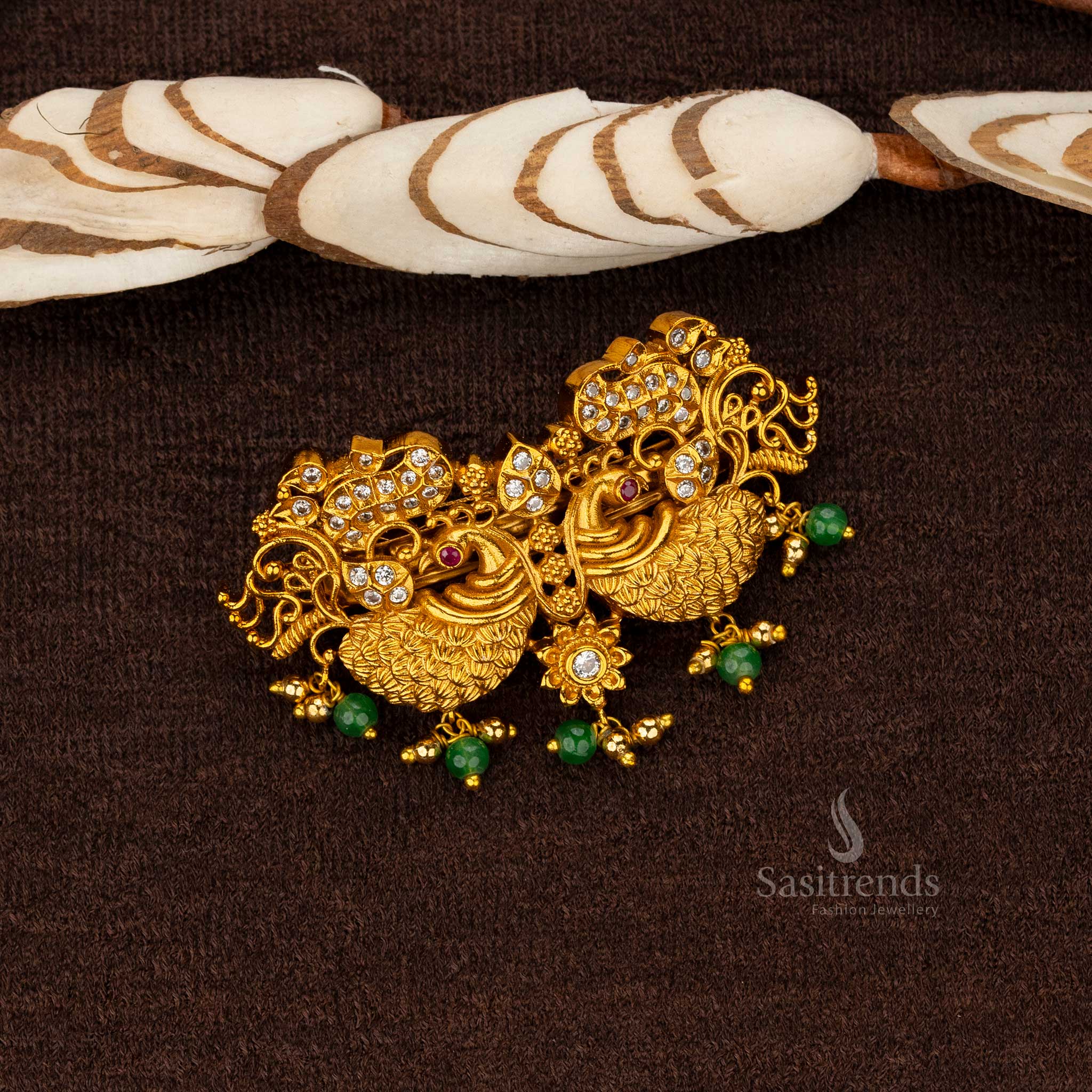 Premium temple matte gold plated peacock motif hair clip with green beads - Sasitrends