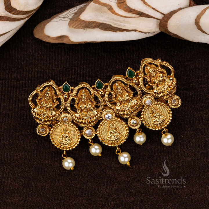 Beautiful Premium Temple Matte Gold Plated AD Stone Studded Hair Clip with Lakshmi and Coin Motifs- Sasitrends