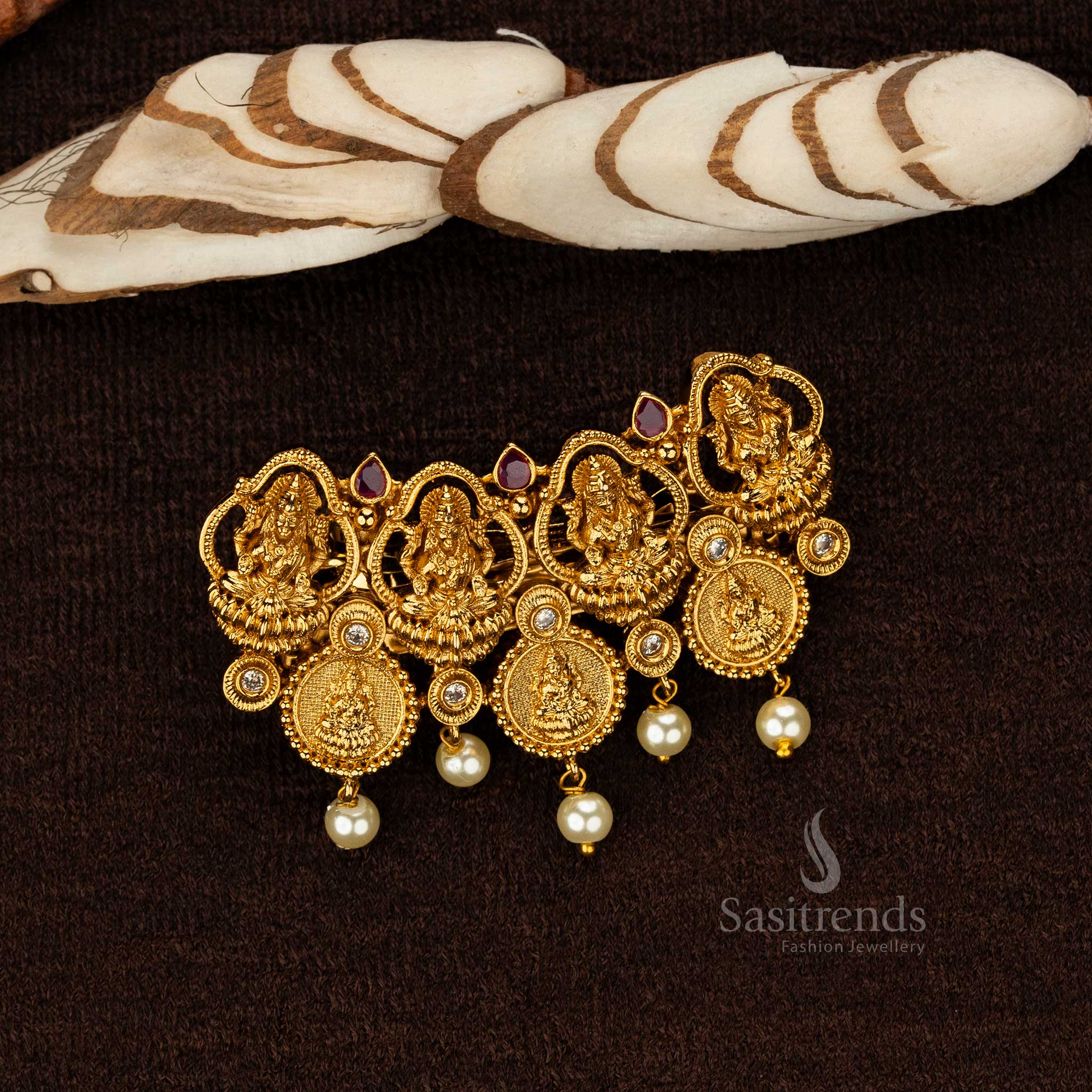 Temple Gold Plated Hair Clip with Coins and Pearls White Ruby - Sasitrends