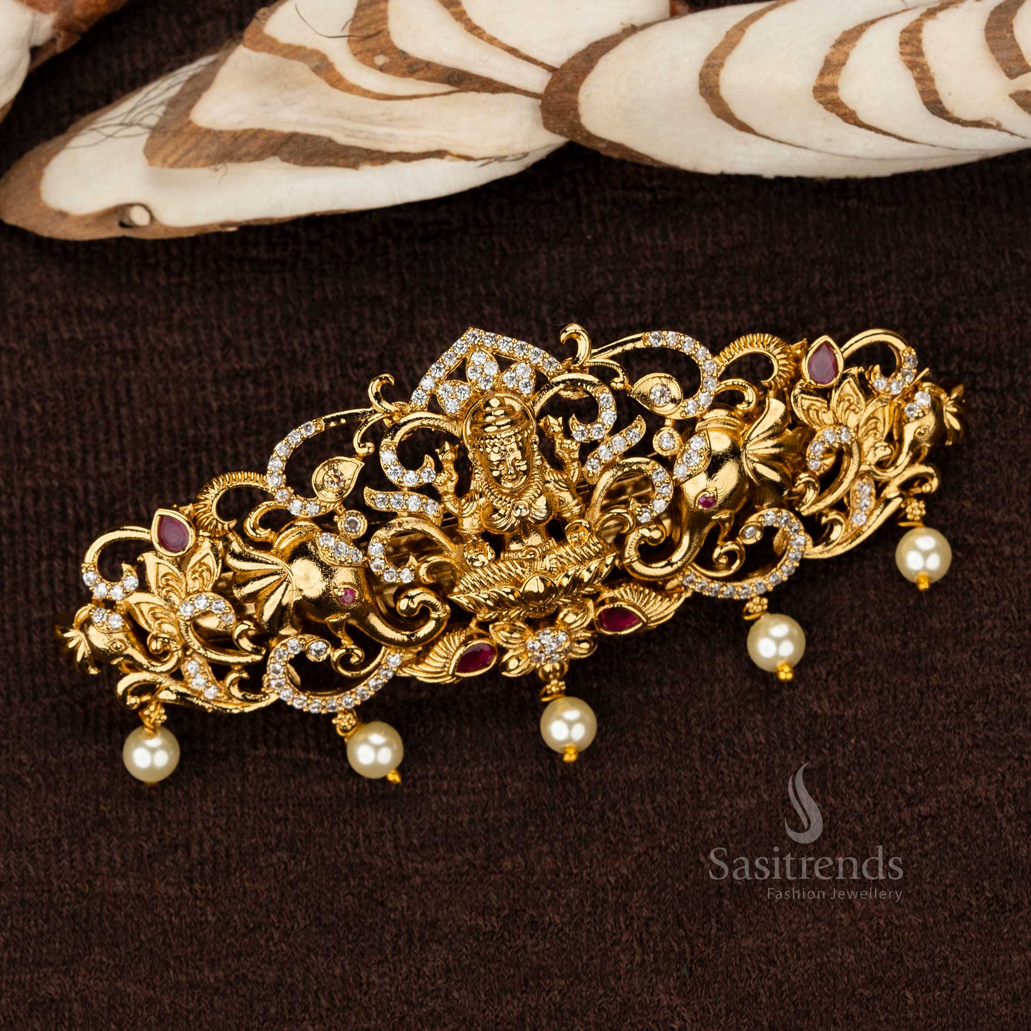 Temple Hair Clip with Lakshmi and Elephant Motifs - Sasitrends