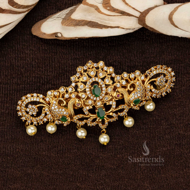 Premium Matte Gold Plated Temple American Diamond Hair Clip with Intricate Oval Stone and Floral Design - Sasitrends