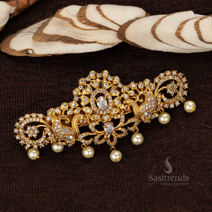 Premium matte gold temple hair clip with oval white stone and pearls - sasitrends