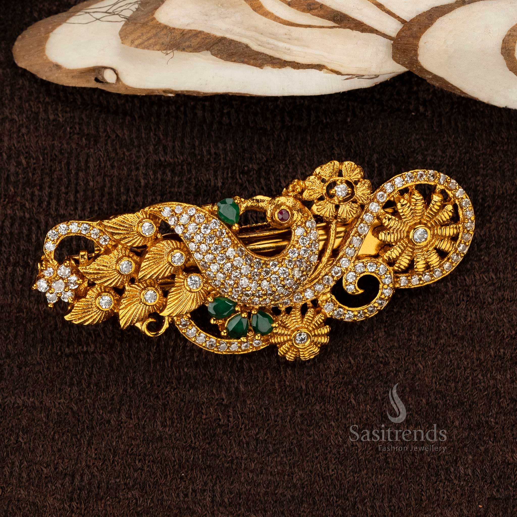 Elegant Peacock Hair Clip with Ruby Green AD Stone - Sasitrends