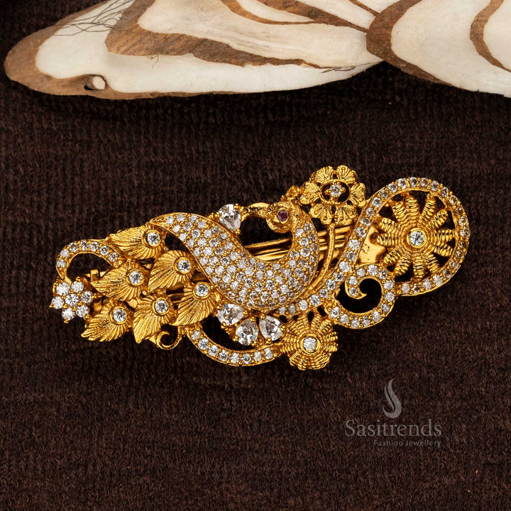 Premium Peacock Motif Hair Clip with White AD Stone - Sasitrends