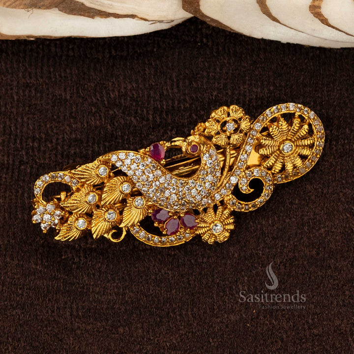 Matte Gold Hair Clip Featuring Peacock and White Ruby Stone - Sasitrends