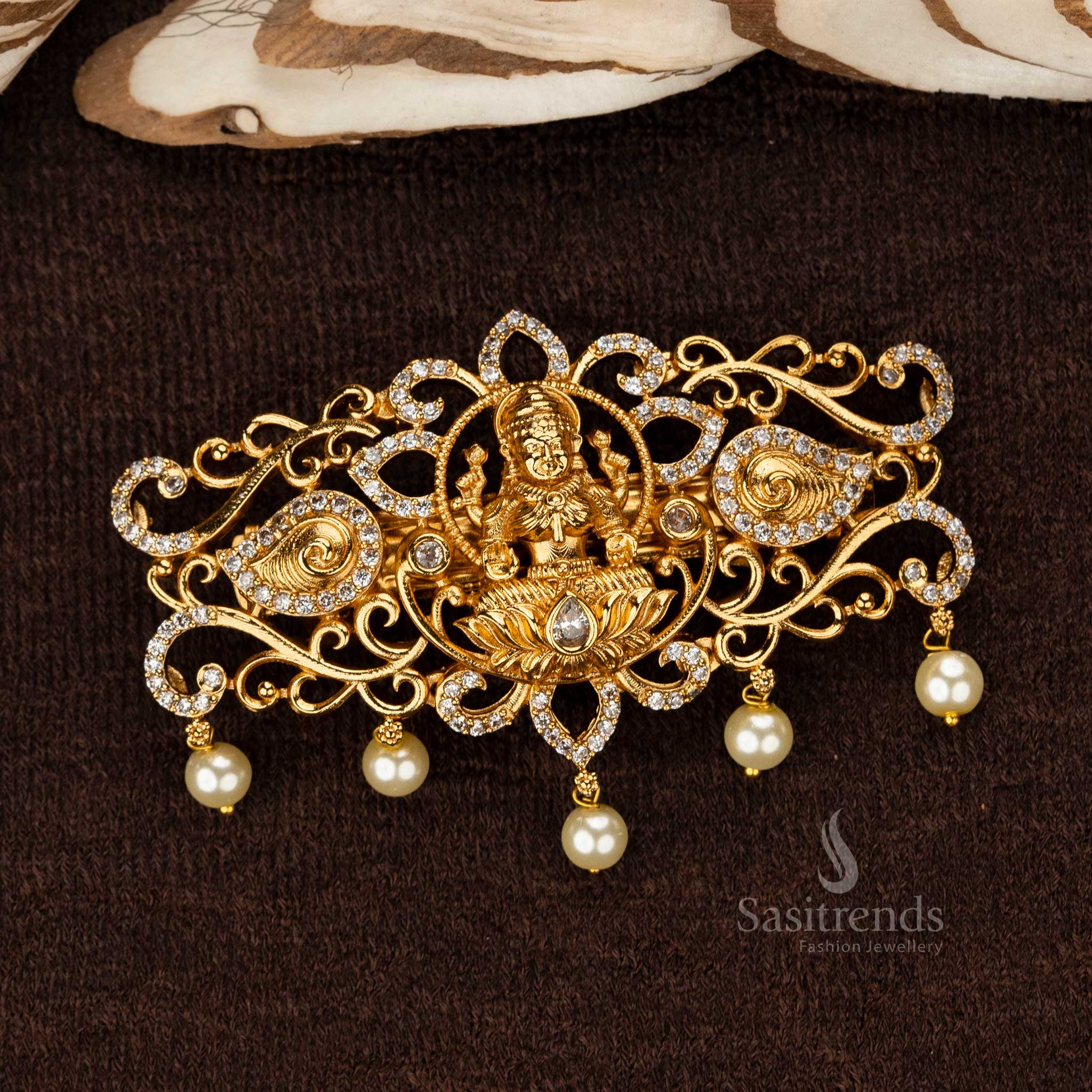 White Lakshmi Temple Hair Clip with Matte Gold Plating - Sasitrends