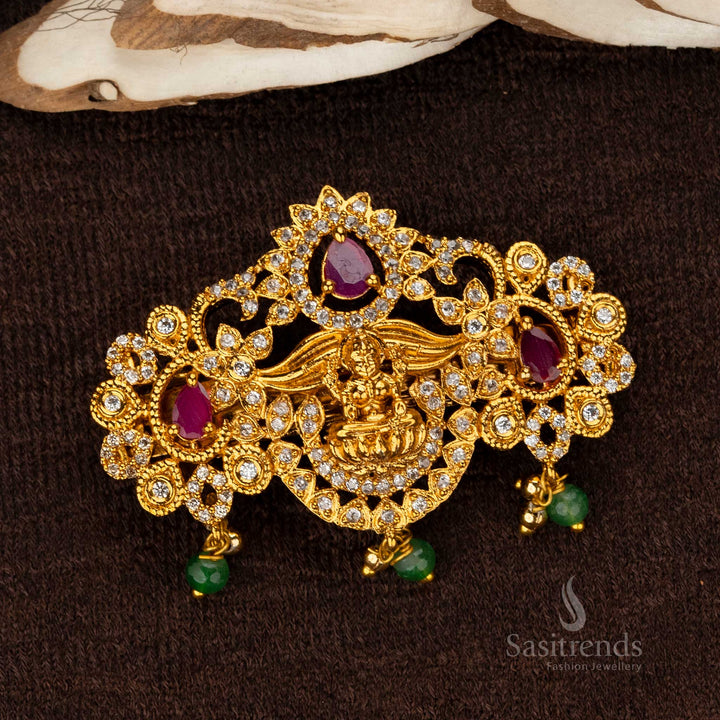 Amazing Premium Matte Gold Temple AD Lakshmi Hair Clip with Teardrop Stones - Sasitrends