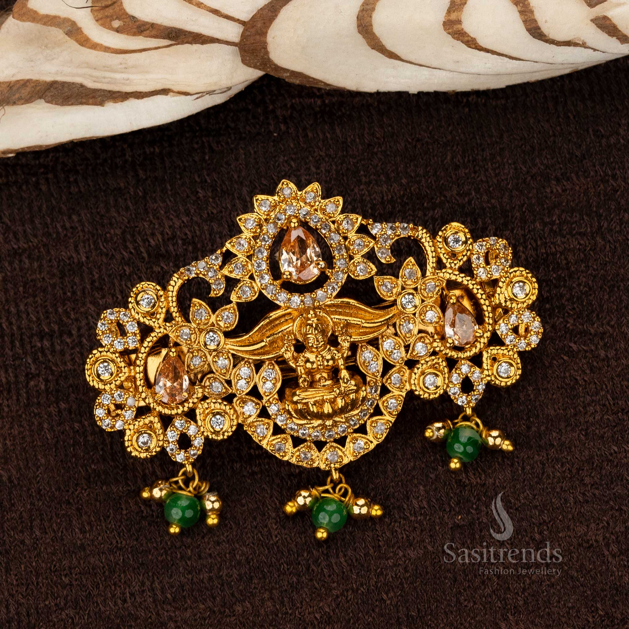 Honey teardrop Lakshmi hair clip with matte gold finish and green beads - Sasitrends