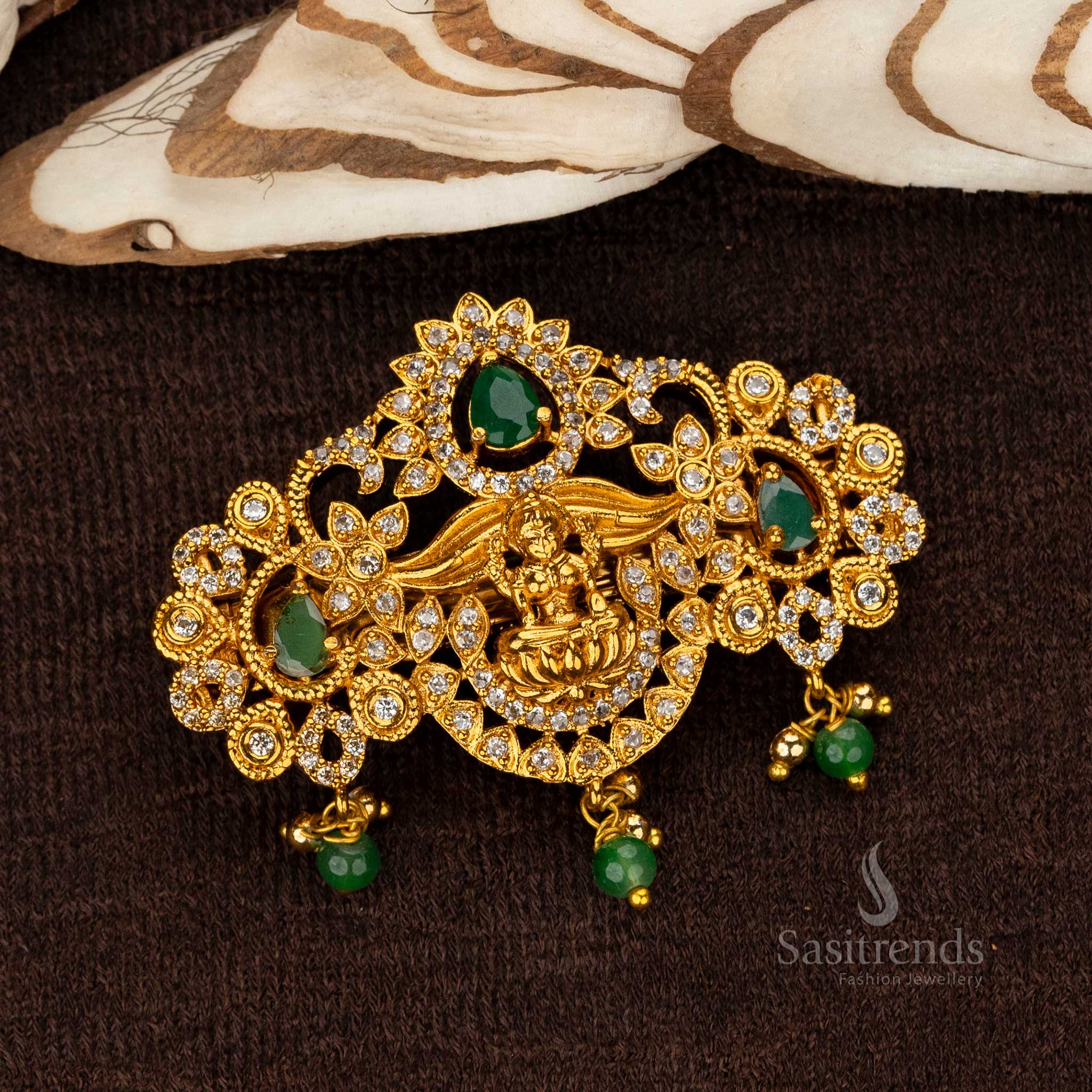 White-green teardrop temple hair clip with Lakshmi motif and beads - Sasitrends