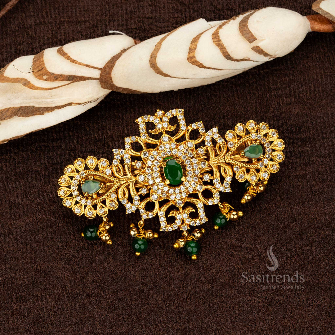 Elegant white green stone temple hair clip with AD embellishments - Sasitrends