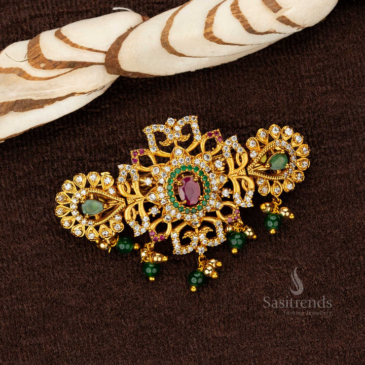 Ruby green oval stone hair clip with intricate floral patterns - Sasitrends