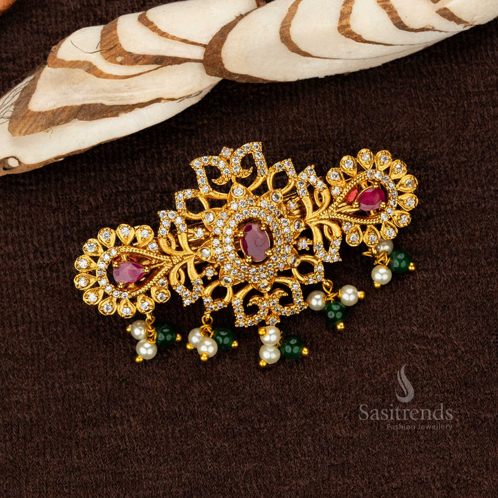 Traditional temple hair clip featuring white ruby stones and Lakshmi motif - Sasitrends