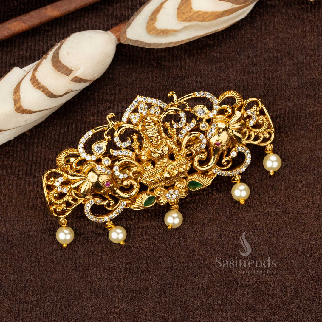 White Green Temple Hair Clip with Lakshmi Motif and Pearl Dangling - Sasitrends