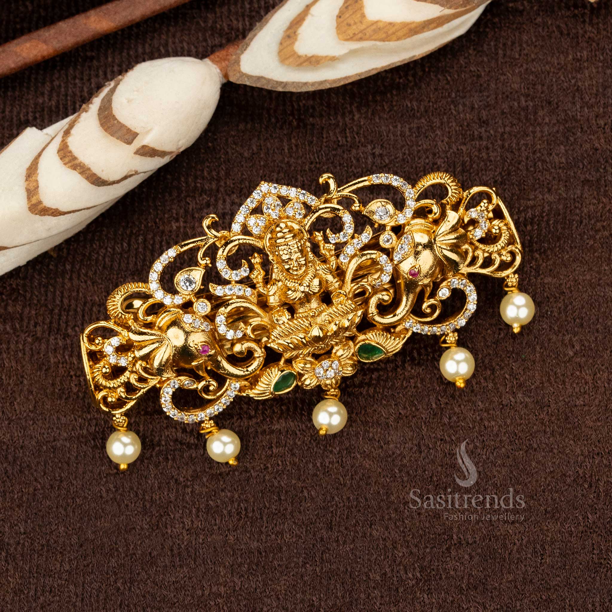 White Green Temple Hair Clip with Lakshmi Motif and Pearl Dangling - Sasitrends