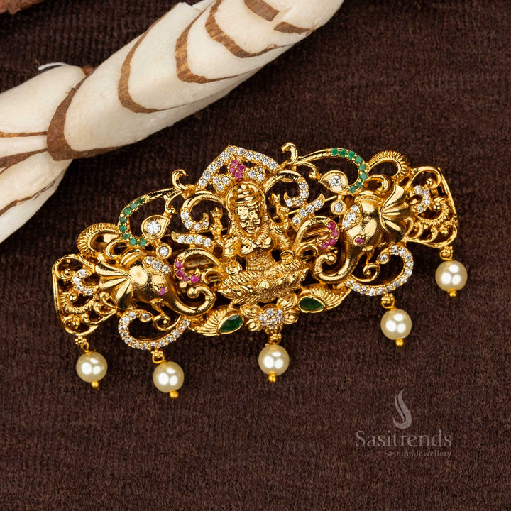 Ruby Green AD Stone Temple Hair Clip with Detailed Elephant Motifs - Sasitrends