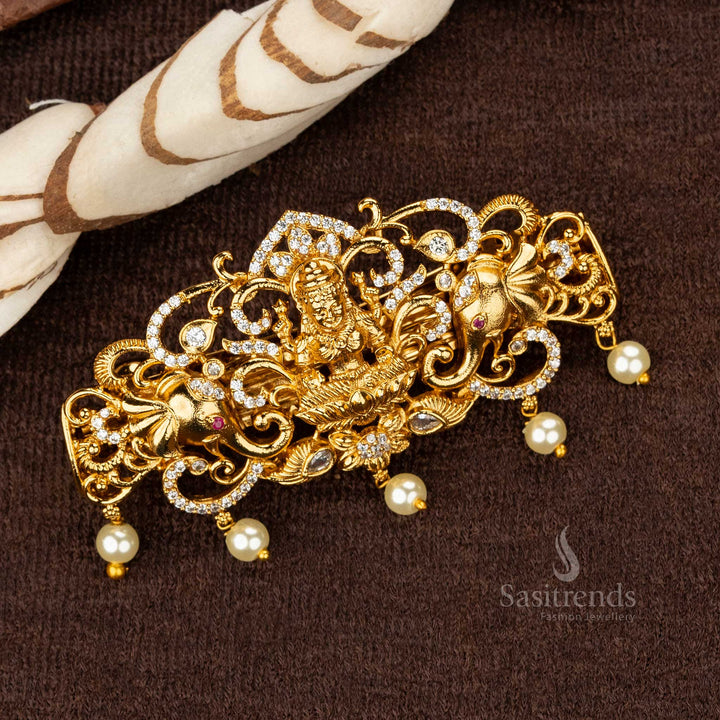 White AD Stone Temple Hair Clip Featuring Lakshmi and Elephants - Sasitrends