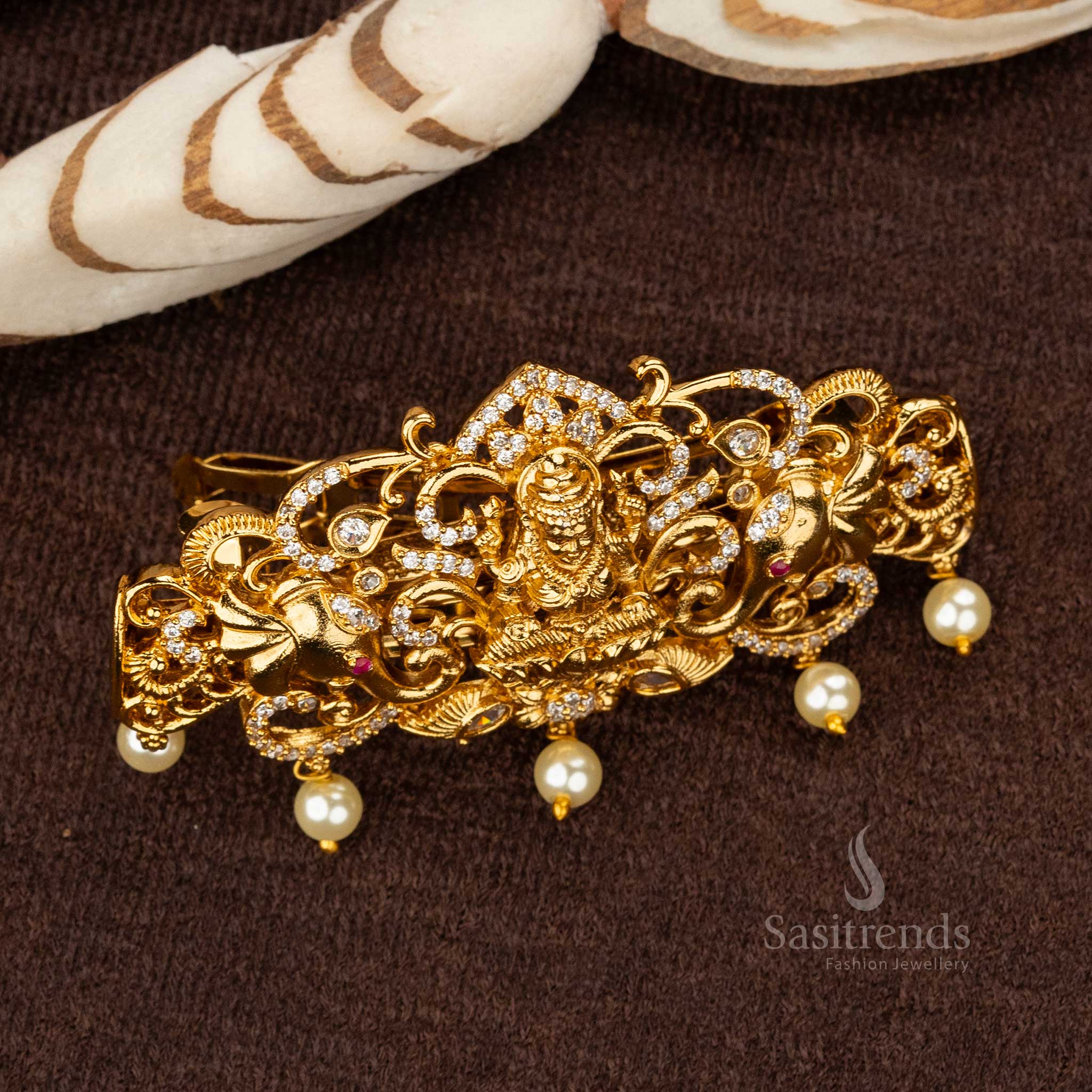 Honey AD Stone Lakshmi Temple Hair Clip with Pearl Dangles - Sasitrends