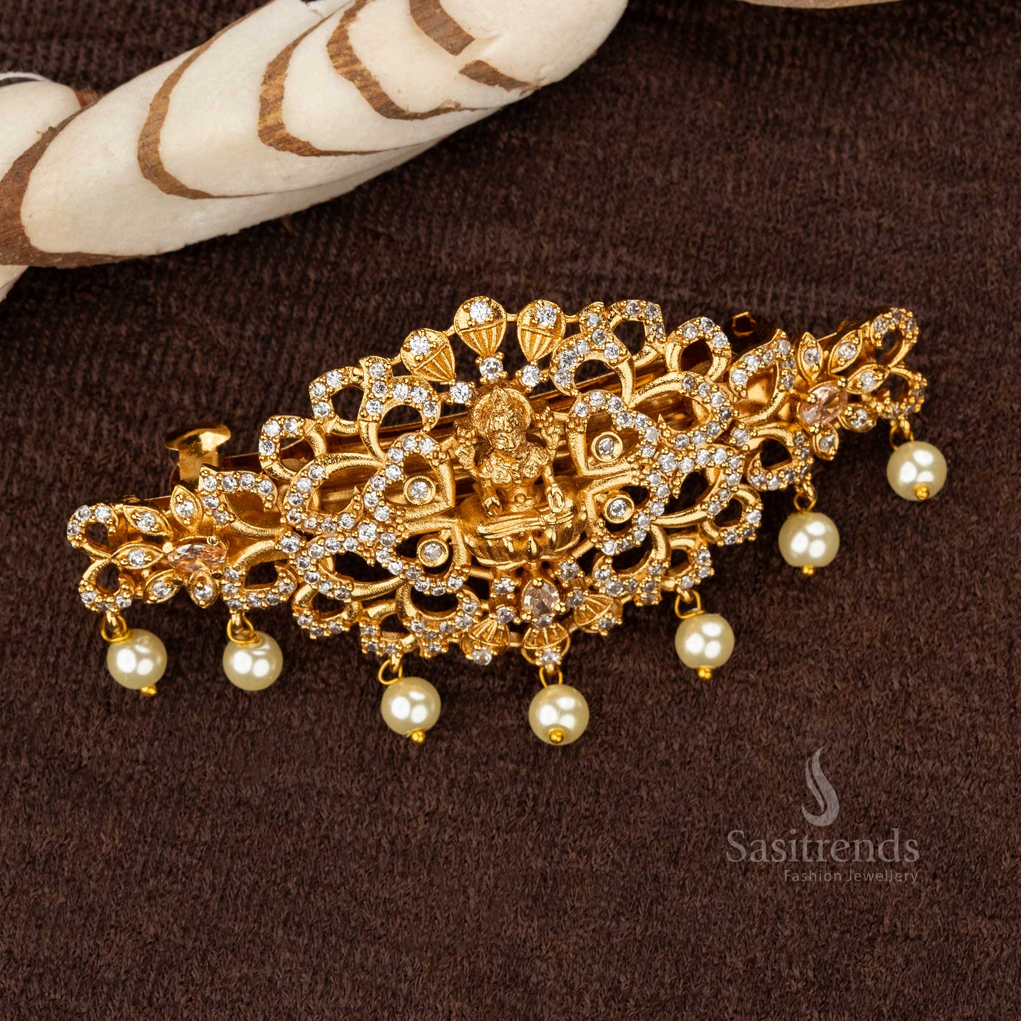 Matte gold temple hair clip with white honey oval stones and floral motifs - Sasitrends