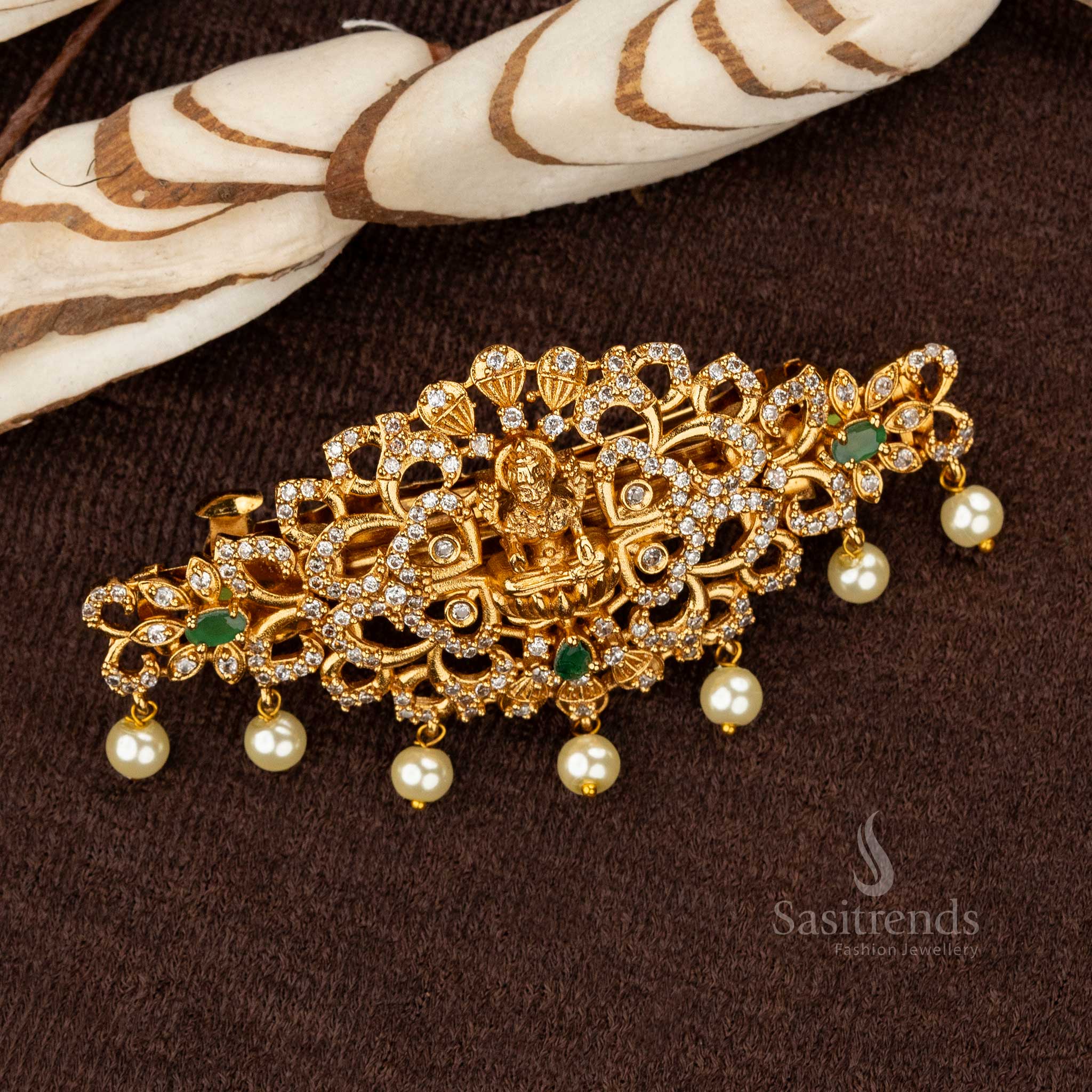 Elegant temple hair clip with white green oval stones and pearl drops - Sasitrends