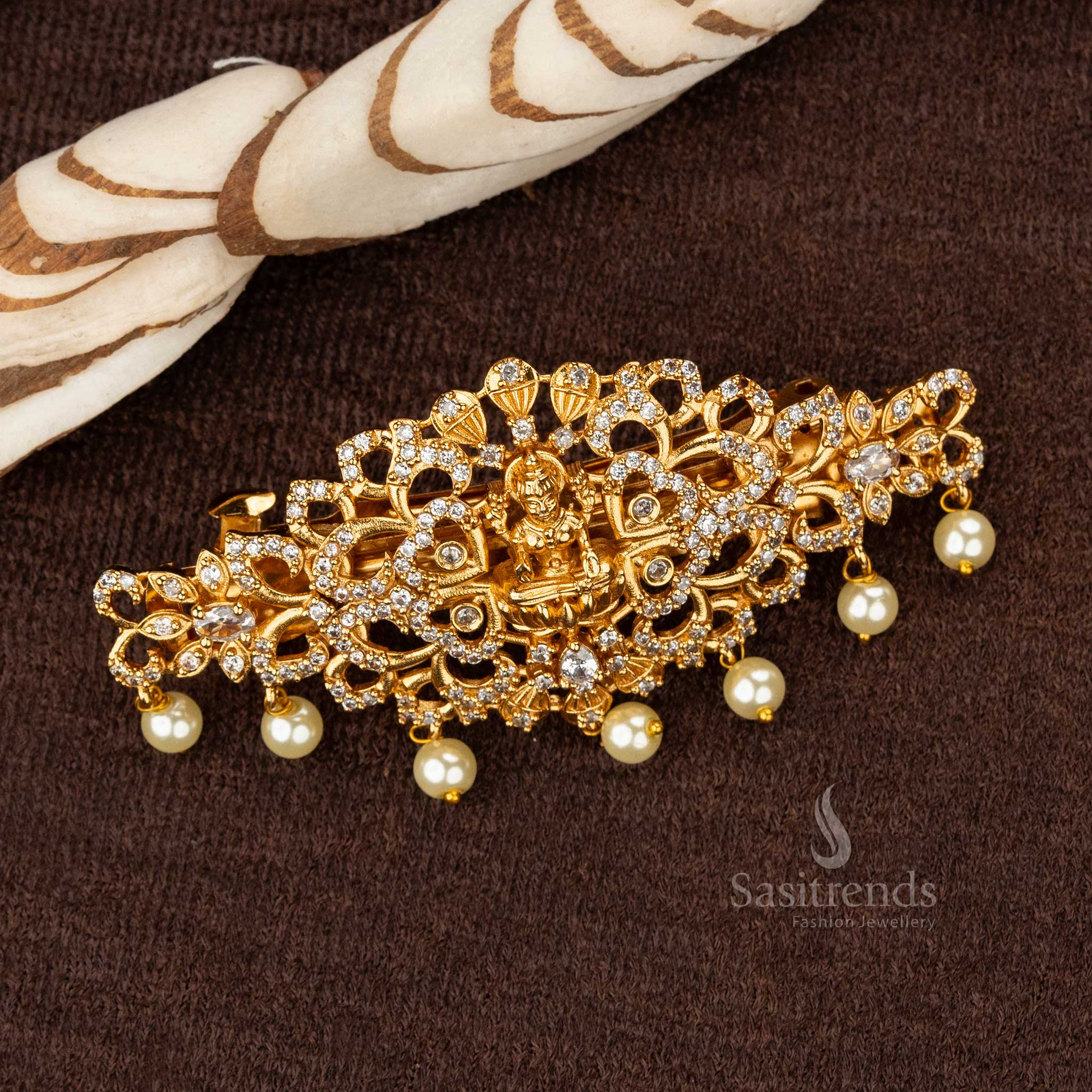 Matte gold temple hair clip with white stones and pearl hangings - Sasitrends