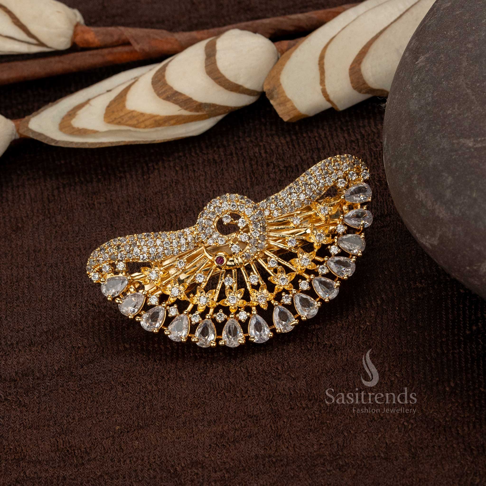 Elegant gold plated bridal hair clip with American Diamond and white stones - Sasitrends