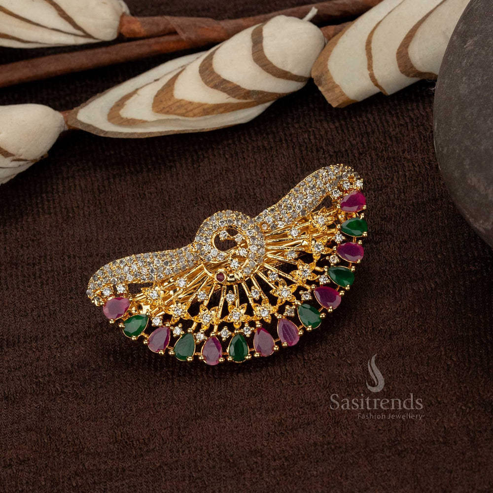 Wedding hair clip with ruby and green stones in gold plated finish - Sasitrends