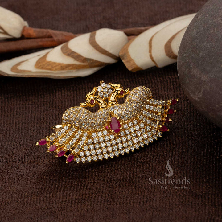 Stunning White-Ruby Peacock Hair Clip with Gold Plated Finish - Sasitrends