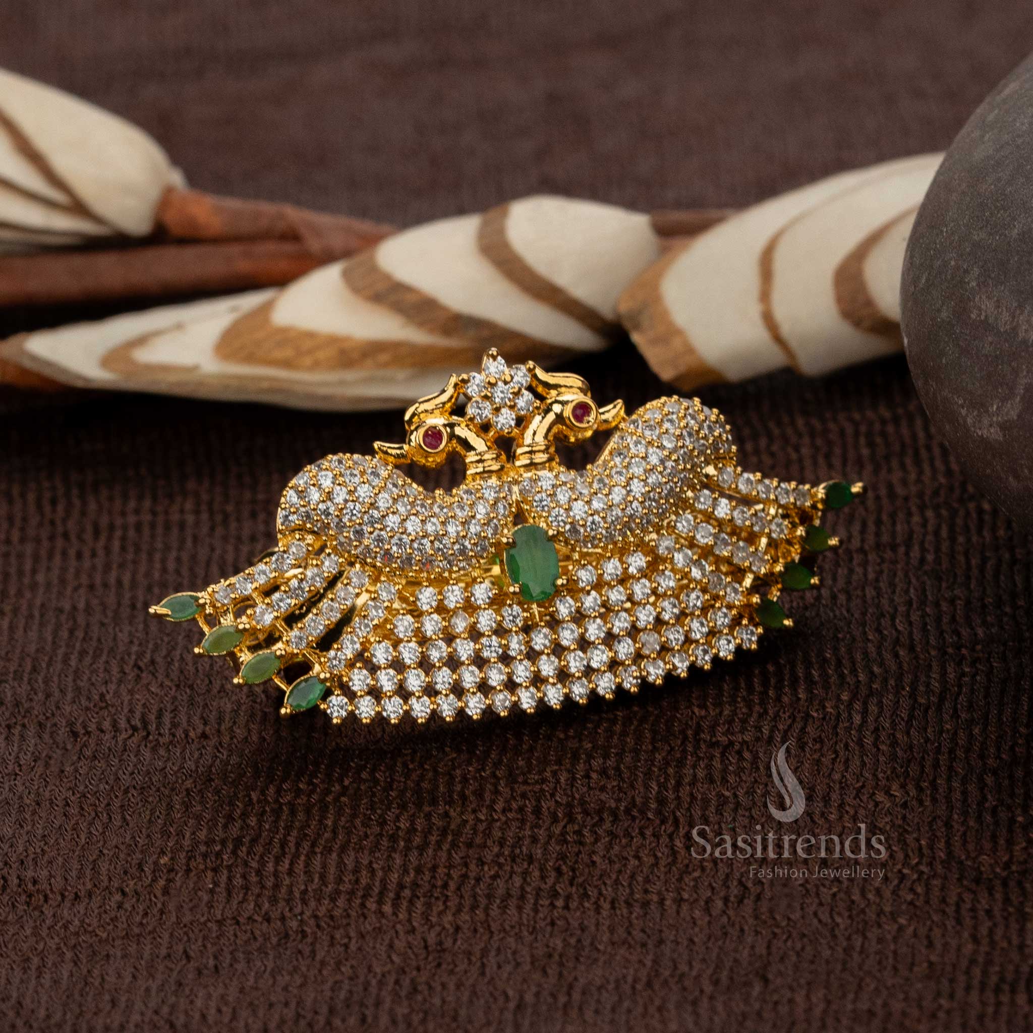 American Diamond Peacock Hair Clip in White Green Stones - Sasitrends