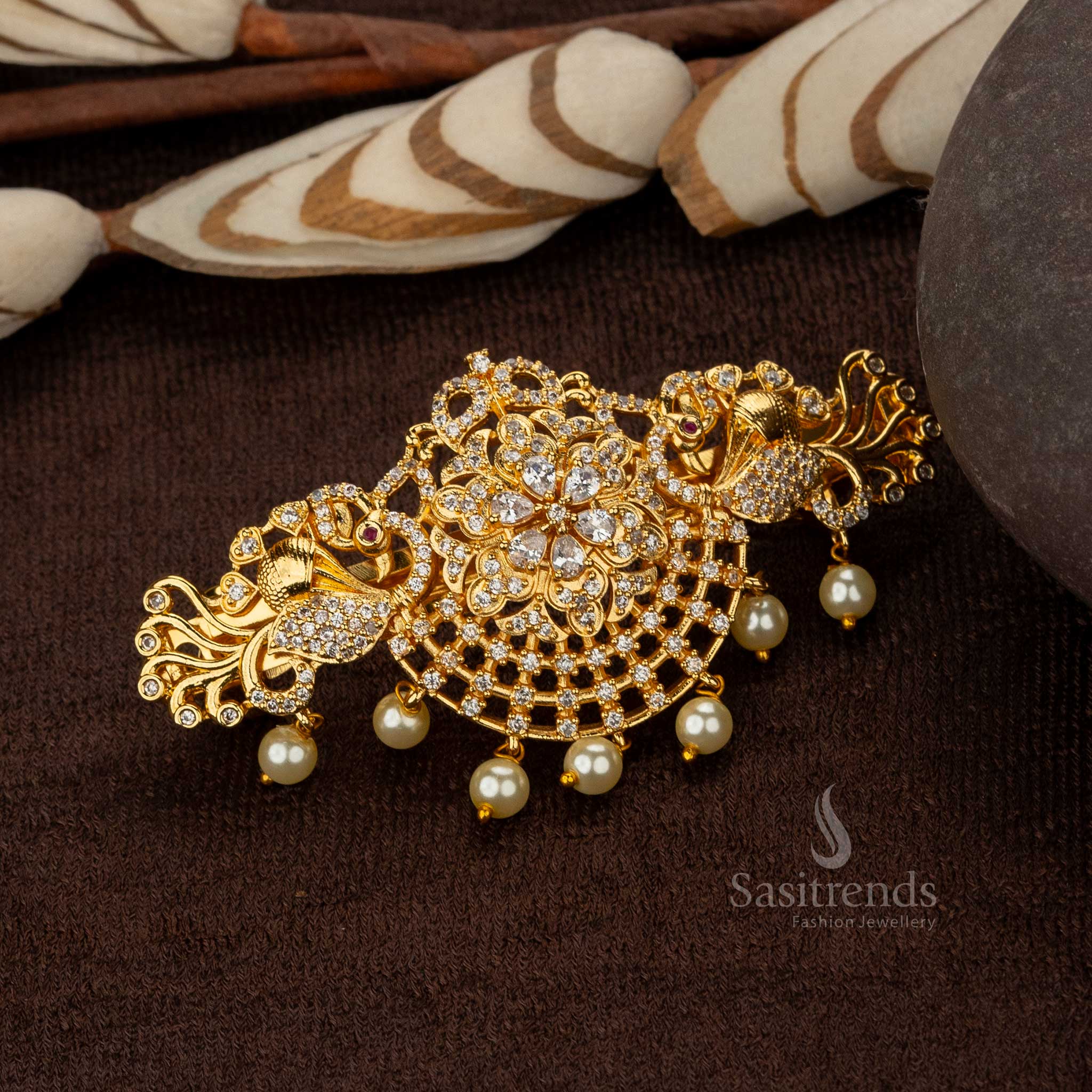 Gold plated peacock motif hair clip with American Diamond stones - Sasitrends