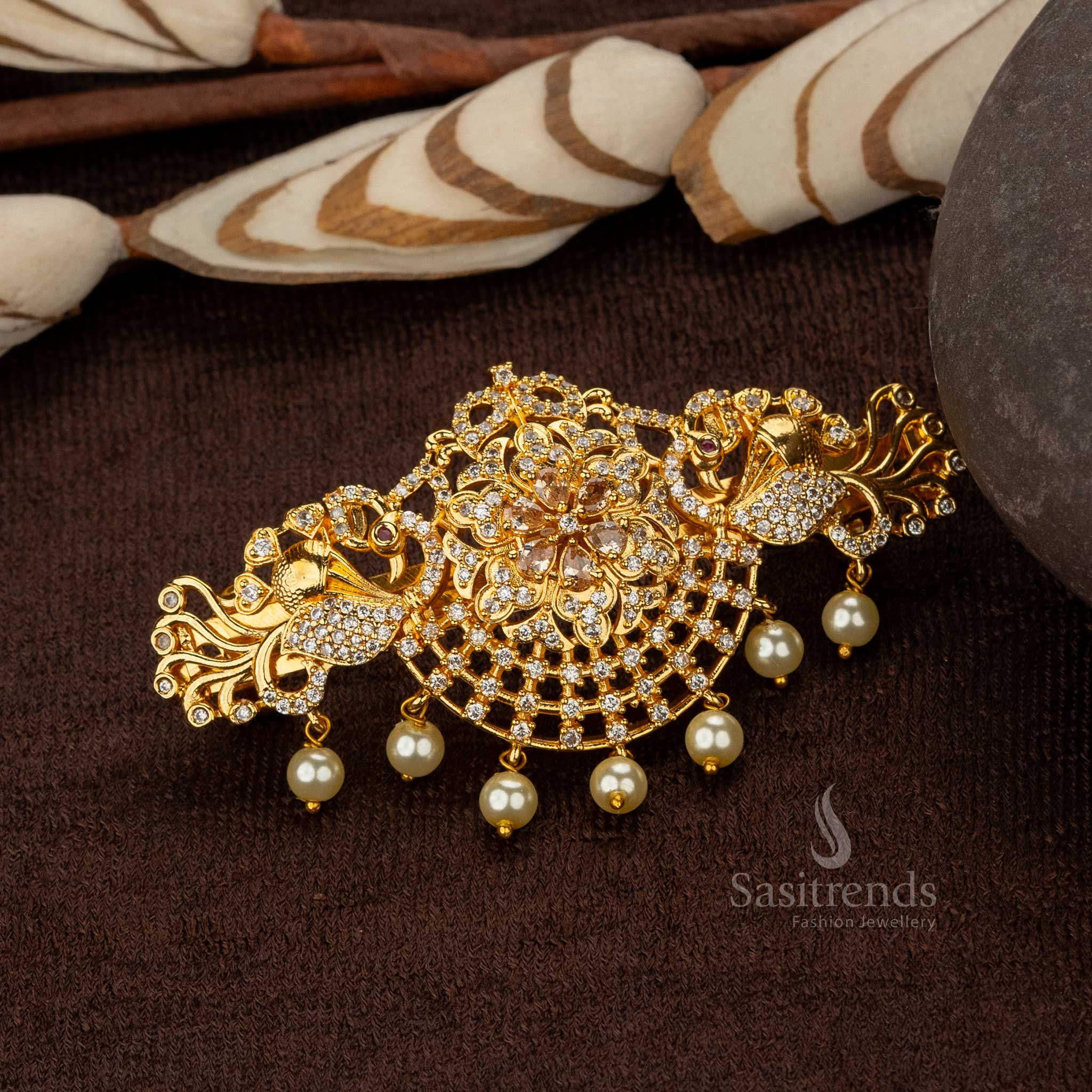 Gold plated peacock motif hair clip with American Diamond stones - Sasitrends