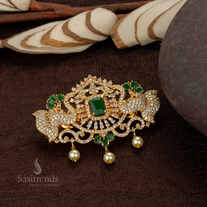 Gold Plated Designer Hair Clip with Pearls and Green Stone Accents - Sasitrends