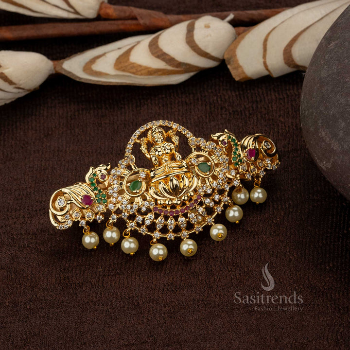 Elegant American Diamond Lakshmi Motif Matte Gold Plated Hair Clip with Pearls - Sasitrends