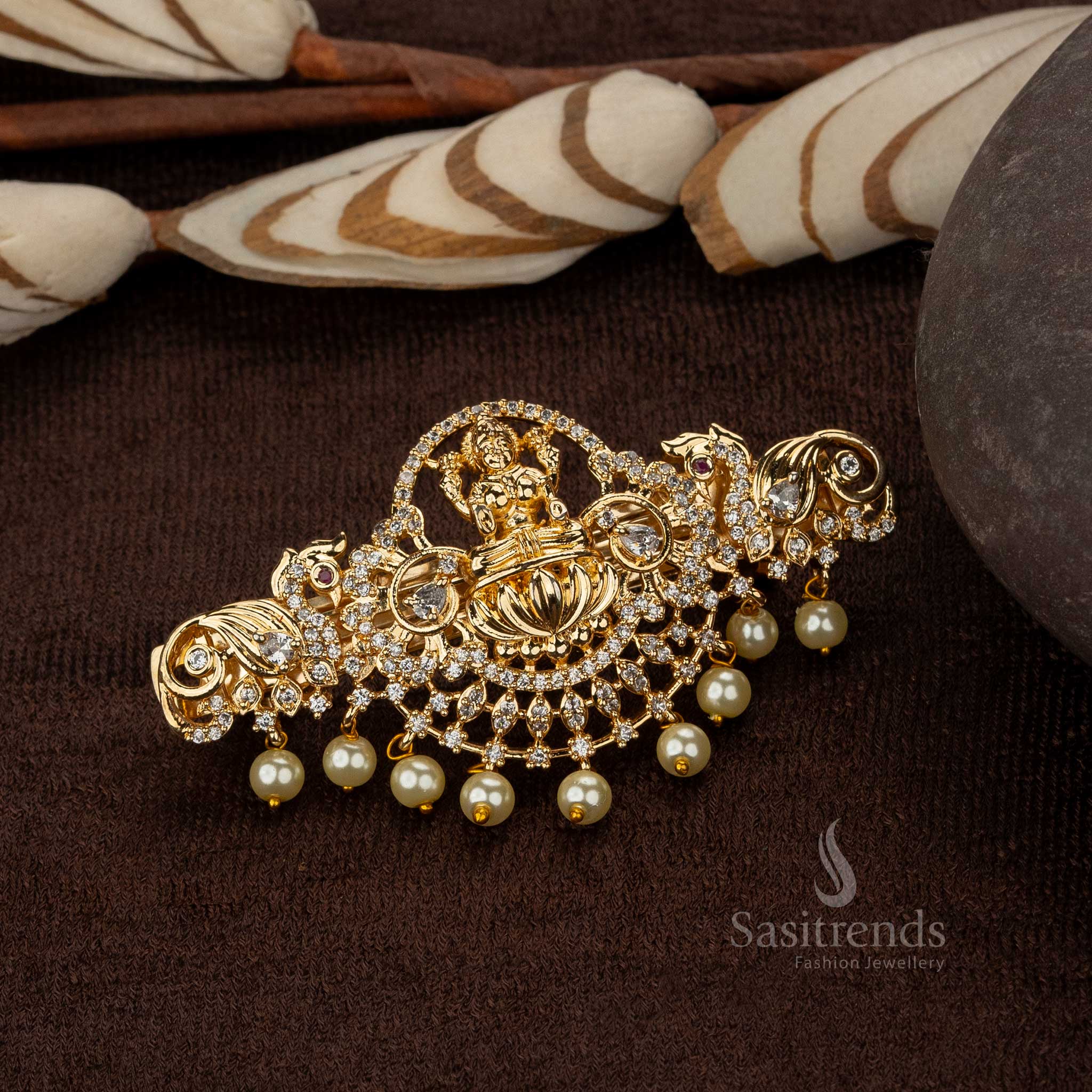 White Lakshmi Matte Gold Plated Temple Hair Clip with AD Stones - Sasitrends