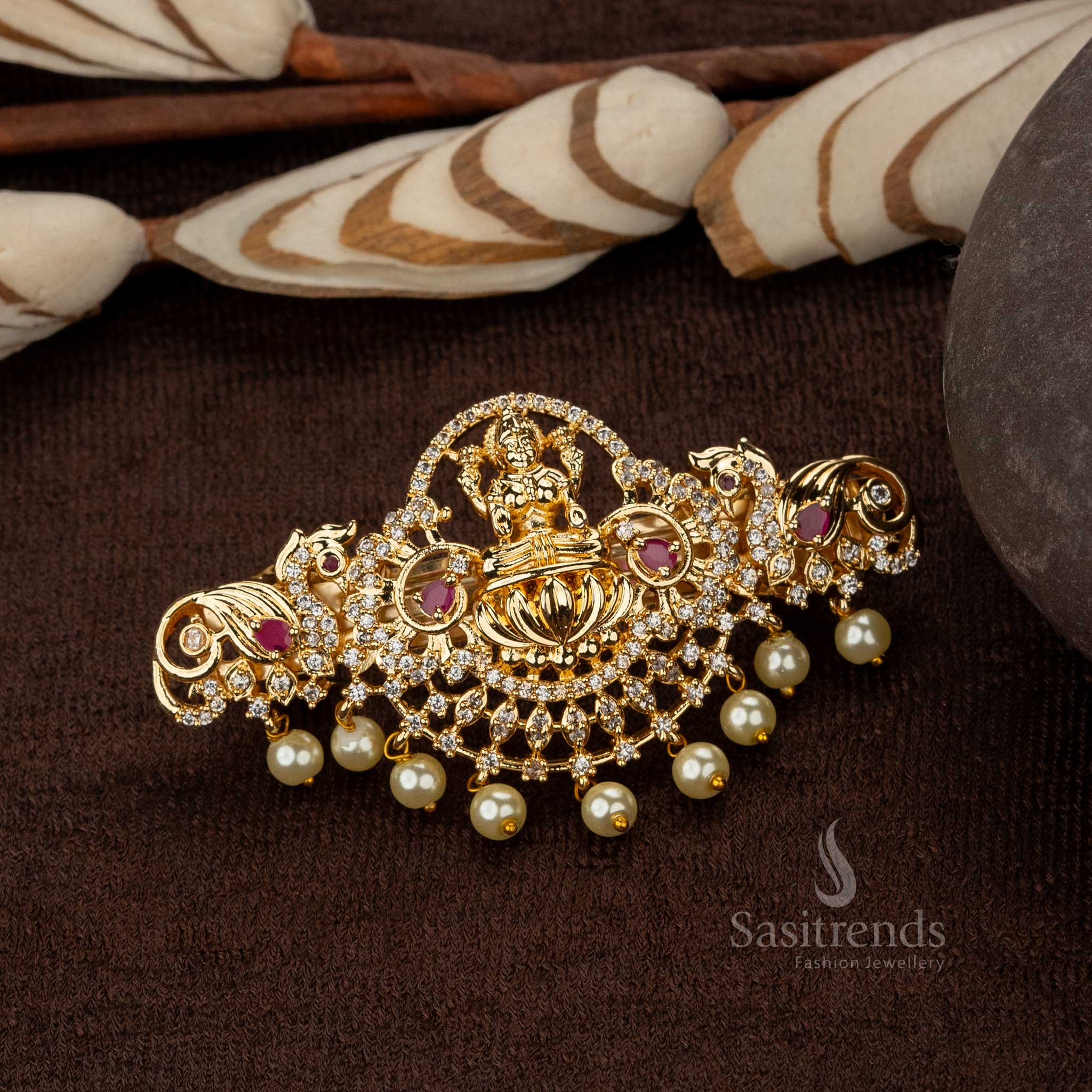 White Ruby Temple Hair Clip with Pearls and AD Stones - Sasitrends