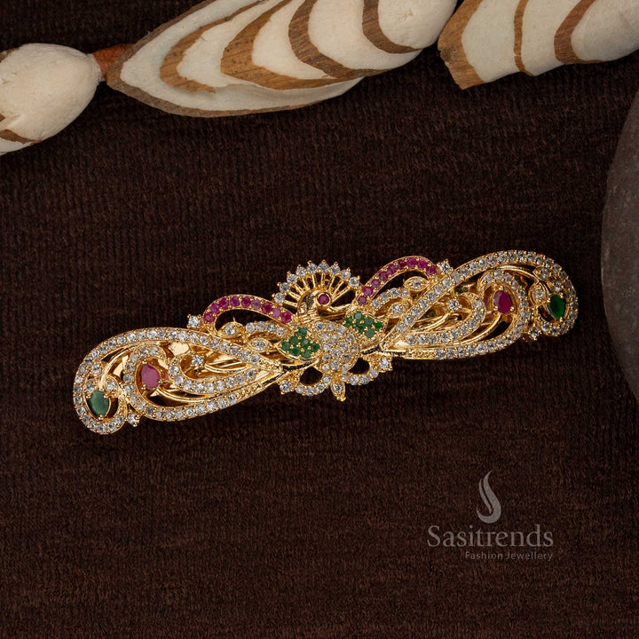 Attractive American Diamond Gold Plated Peacock Design Hair Clip with White Ruby Stones - Sasitrends