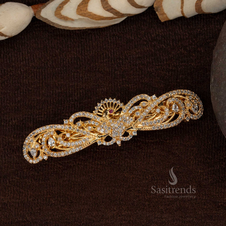 Gold plated peacock motif hair clip with sparkling stones - Sasitrends