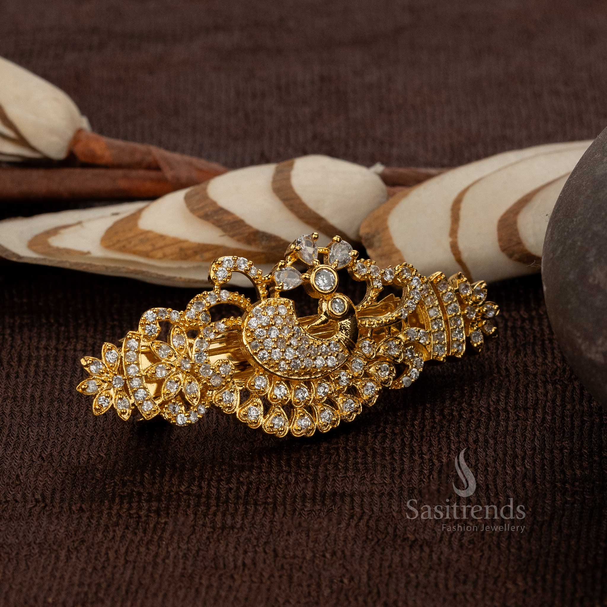 Gold Plated Hair Clip with White Stones and Peacock Design - Sasitrends