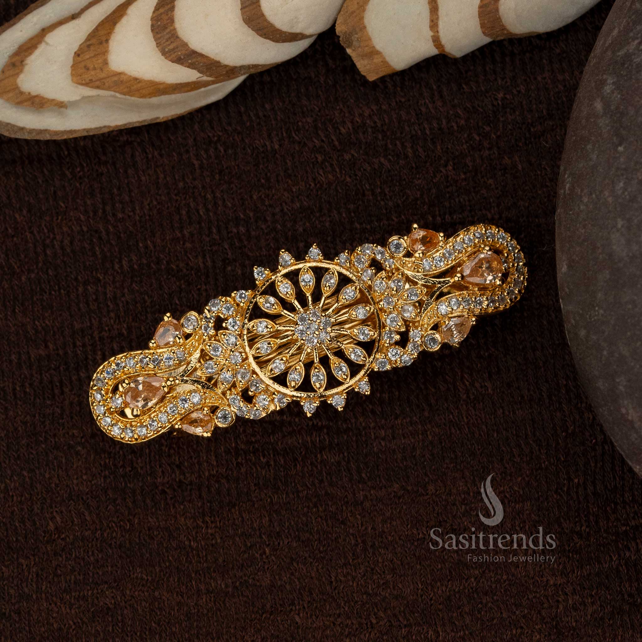 White Honey gold plated hair clip with intricate stonework design -Sasitrends