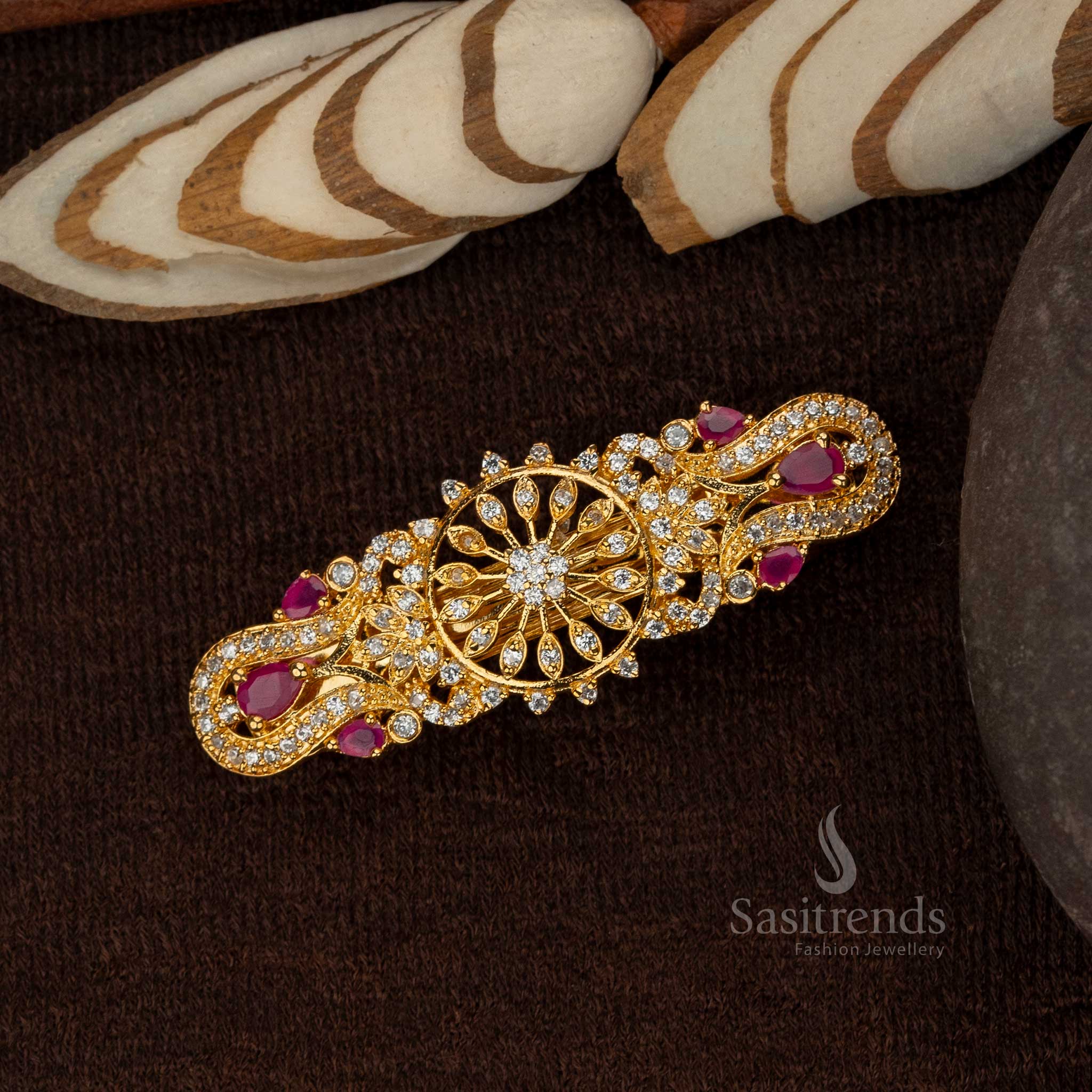 White Ruby diamond studded gold plated clip for bridal hairstyles - Sasitrends