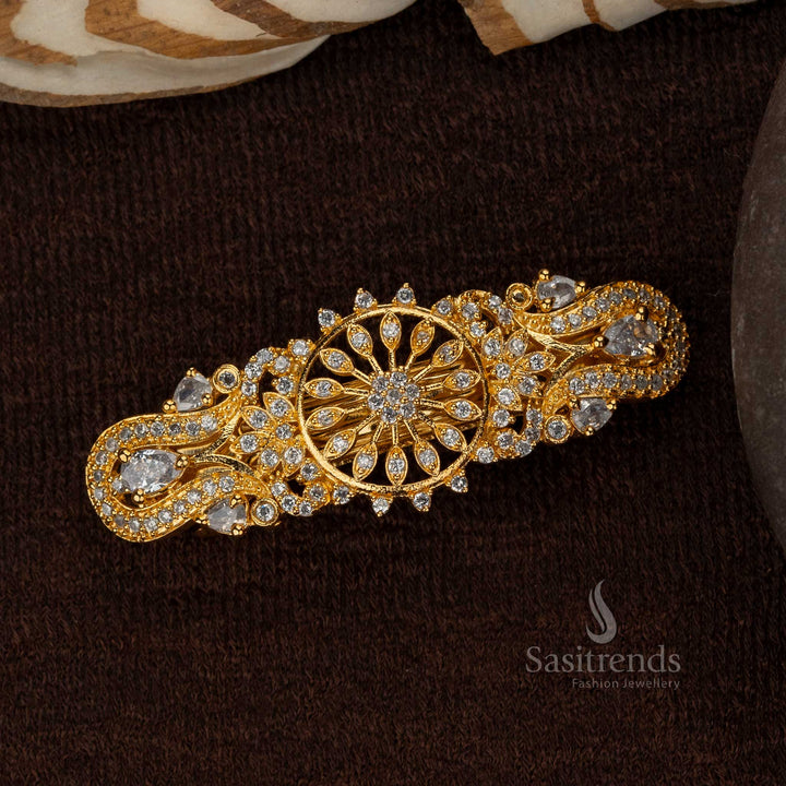 White American diamond gold plated hair clip with floral motif - Sasitrends