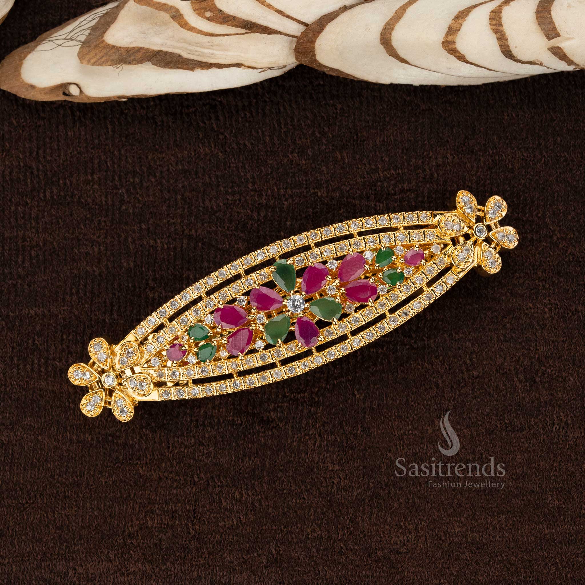 Multi floral motif gold plated diamond hair clip - Sasitrends