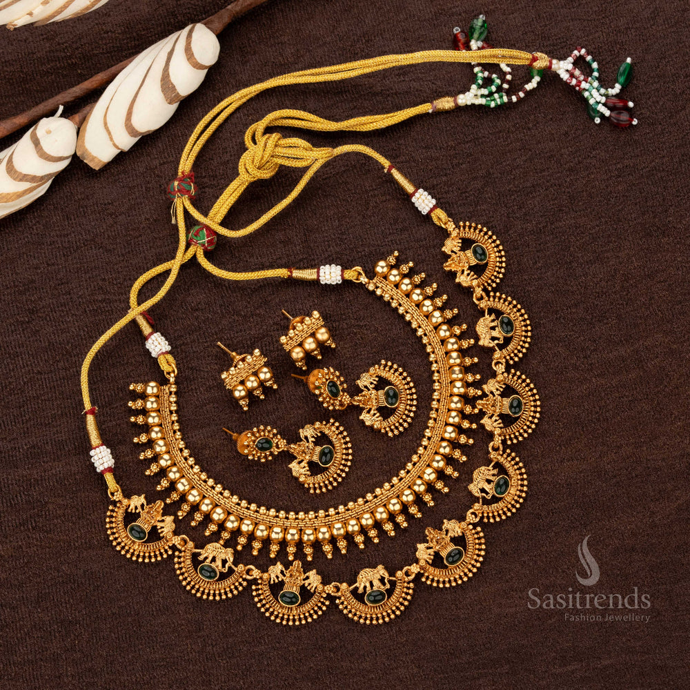 Affordable temple combo jewellery with green stones, ball chain, and half-moon motifs - Sasitrends