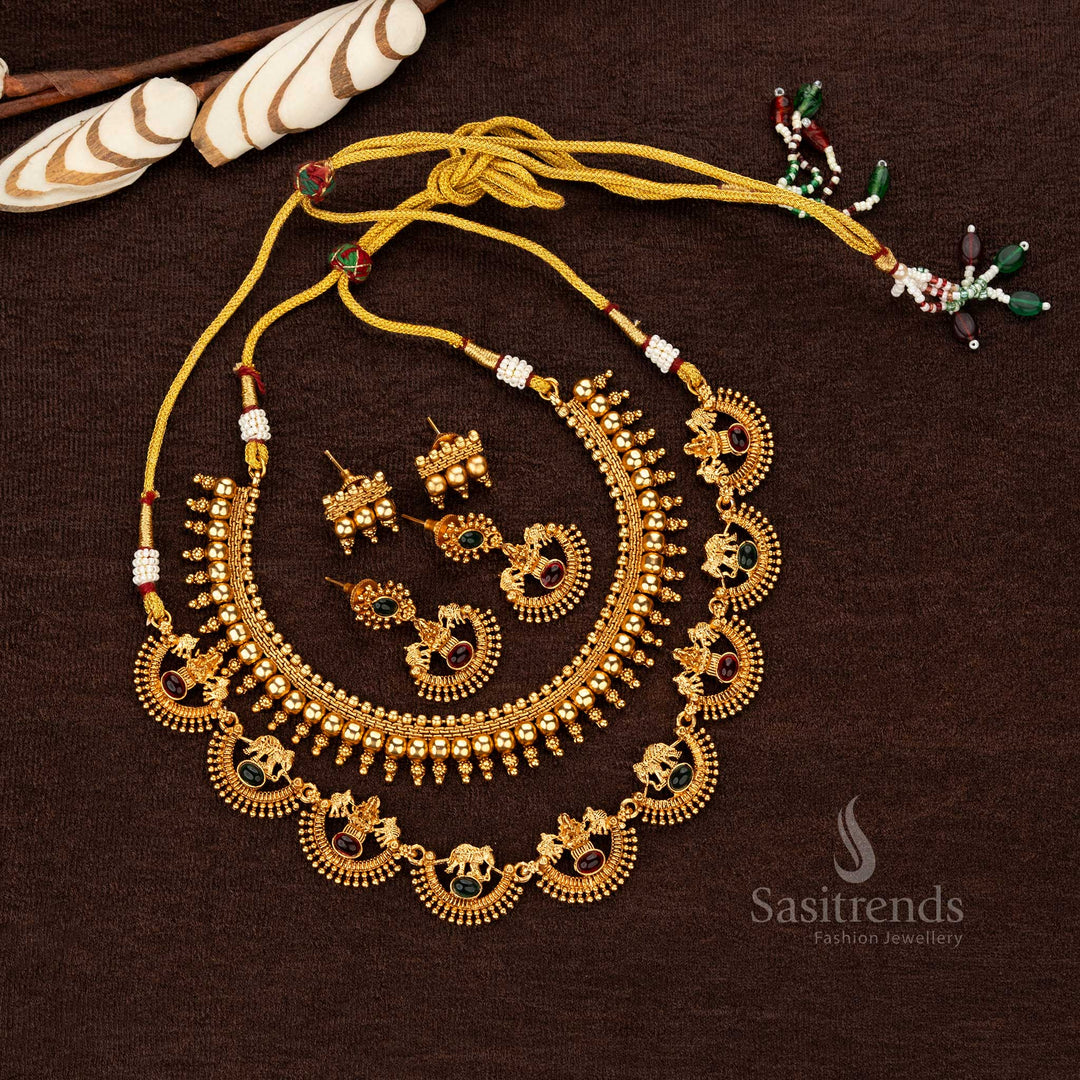 Classic matte gold plated combo set with ball jewellery and ruby-green stones- Sasitrends