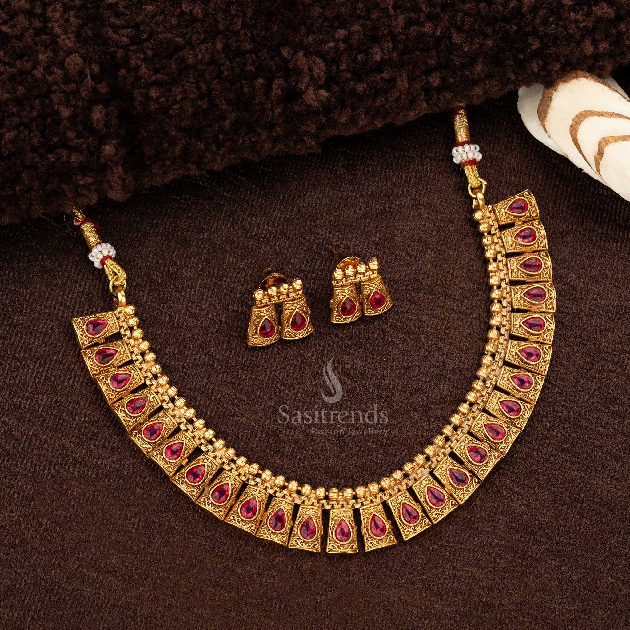 Square stone temple necklace set in matte gold finish, embellished with ruby synthetic stones, including matching square earrings - Sasitrends