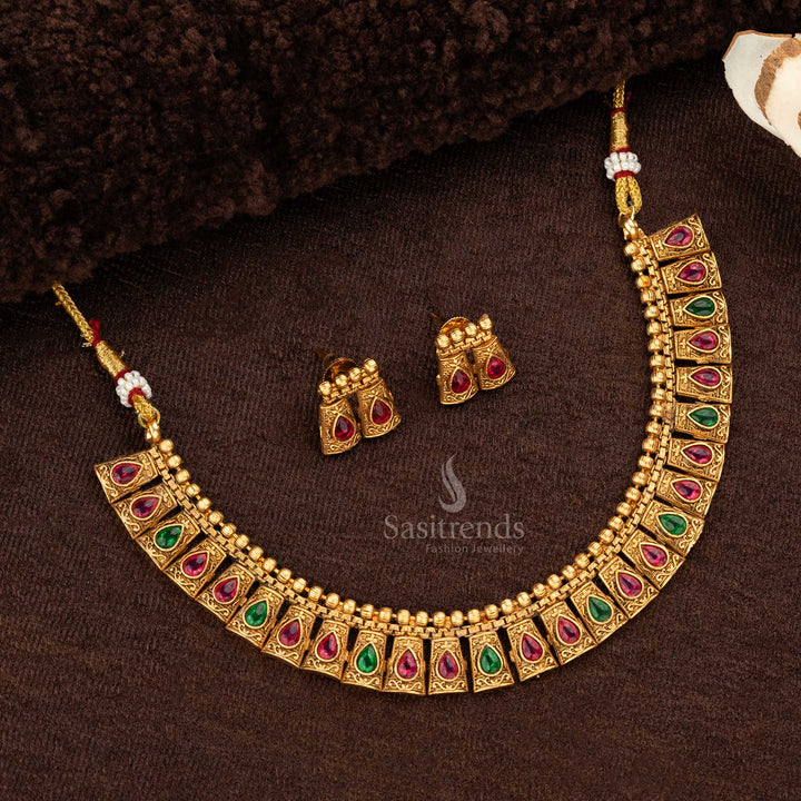 Square stone temple necklace set in matte gold finish with ruby and green  stones and matching square-shaped earrings - Sasitrends