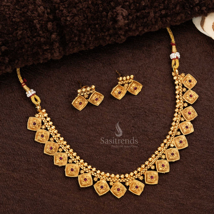 Square pendant layered matte gold temple necklace set with ruby stones and matching square earrings - Sasitrends