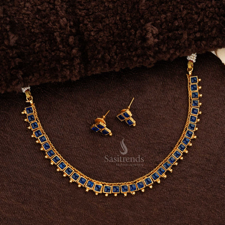 Intricate Matte Gold Temple Necklace Set with Square Stone Design - Sasitrends