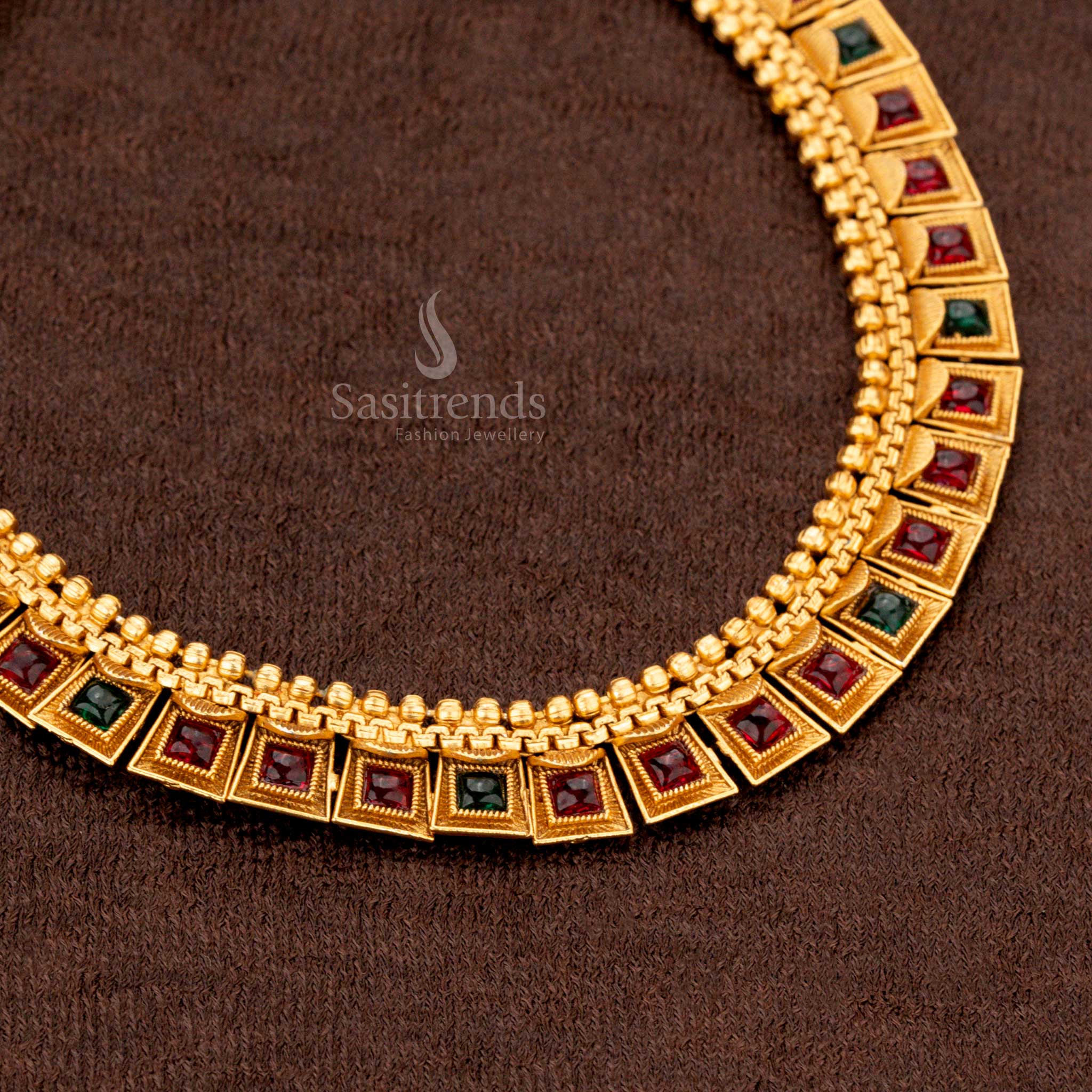 Classic temple matte gold plated necklace set with ruby and green stone motifs - Sasitrends