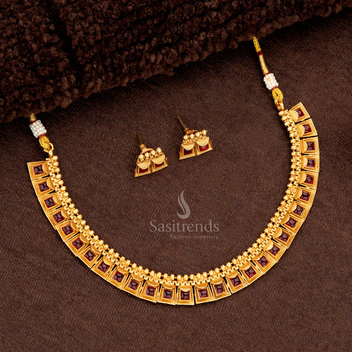 Classic temple matte gold plated necklace set with ruby stone motifs - Sasitrends