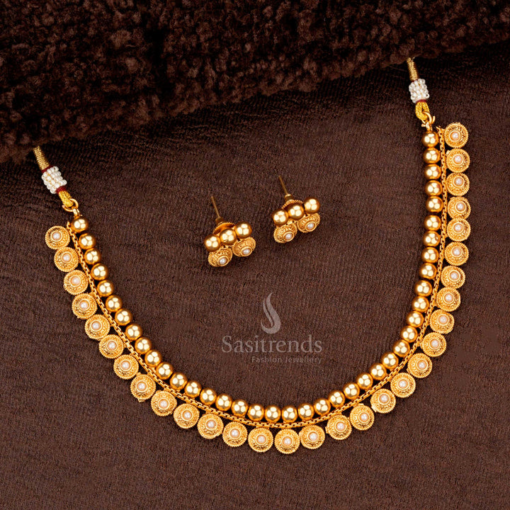 Amazing Classic Temple Matte Gold Plated Necklace Jewellery Set with Circular Motifs and Earrings - Sasitrends